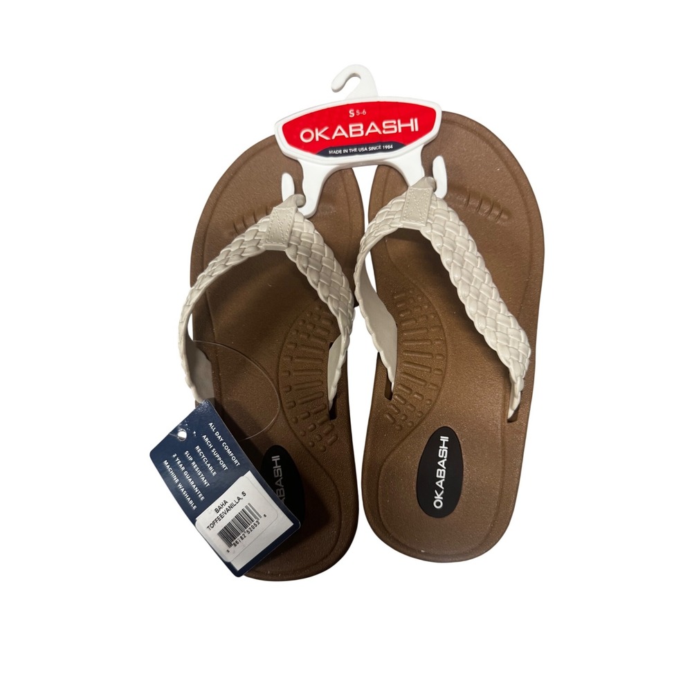Okabashi Baha Flip Flop NWT Toffee Vanilla Braided Strap Womens‎ Size S 5-6